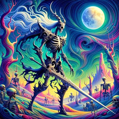 The primary subject of the image is a skeleton warrior, possibly a character from a video game, standing in a colorful, surreal landscape. The setting includes a moon in the background, a sword, and a few other skeletons scattered around the scene. The visual style appears to be a digital art or illustration, with vibrant colors and a unique, artistic atmosphere. The dominant colors in the image are likely to be a mix of the skeleton's bones and the vivid, surreal colors of